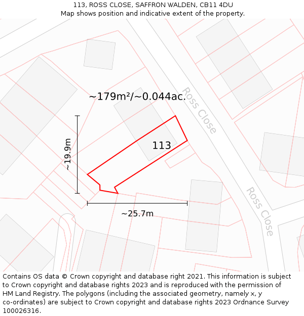 113, ROSS CLOSE, SAFFRON WALDEN, CB11 4DU: Plot and title map