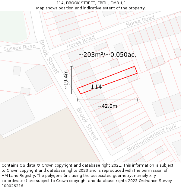 114, BROOK STREET, ERITH, DA8 1JF: Plot and title map