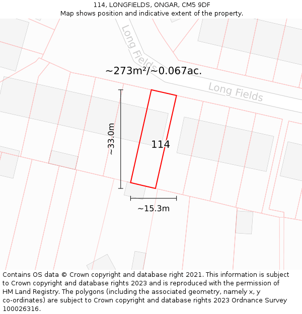 114, LONGFIELDS, ONGAR, CM5 9DF: Plot and title map