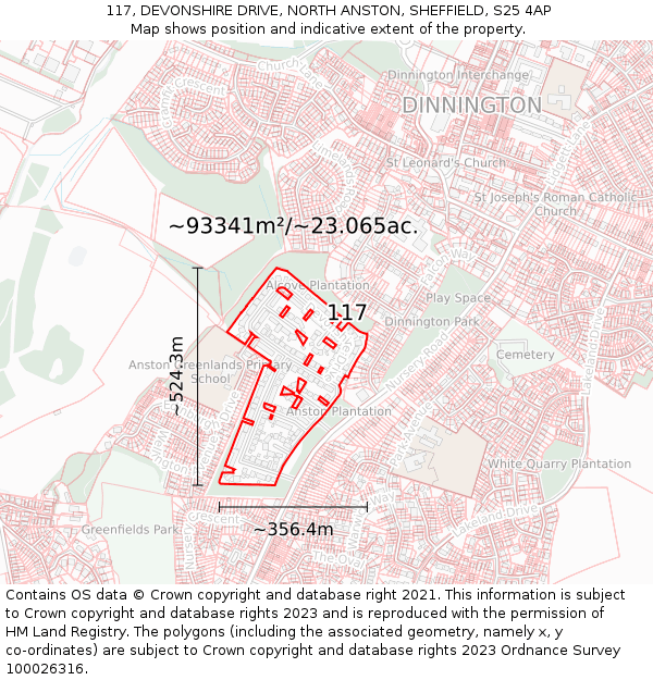 117, DEVONSHIRE DRIVE, NORTH ANSTON, SHEFFIELD, S25 4AP: Plot and title map