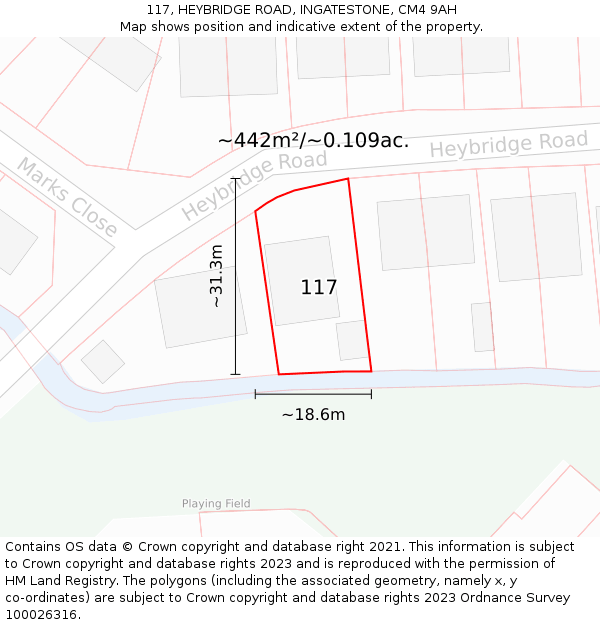117, HEYBRIDGE ROAD, INGATESTONE, CM4 9AH: Plot and title map