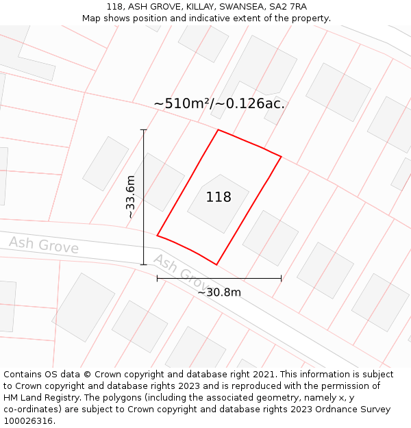 118, ASH GROVE, KILLAY, SWANSEA, SA2 7RA: Plot and title map
