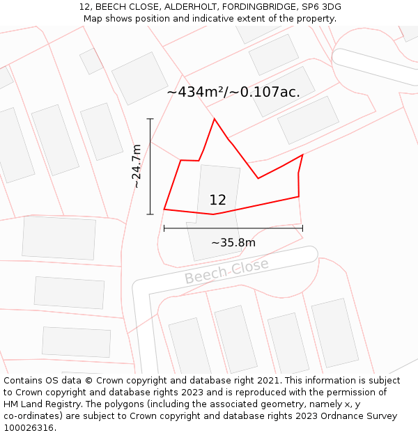 12, BEECH CLOSE, ALDERHOLT, FORDINGBRIDGE, SP6 3DG: Plot and title map