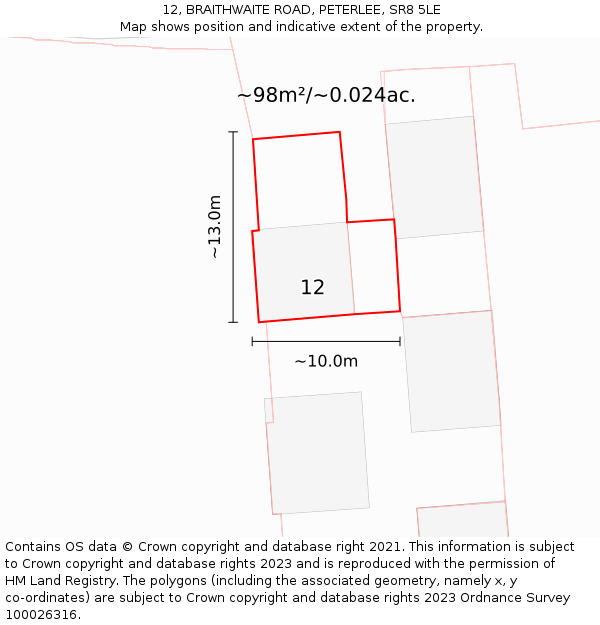 12, BRAITHWAITE ROAD, PETERLEE, SR8 5LE: Plot and title map
