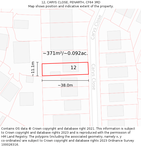 12, CARYS CLOSE, PENARTH, CF64 3RD: Plot and title map