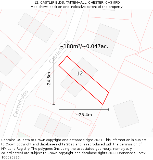 12, CASTLEFIELDS, TATTENHALL, CHESTER, CH3 9RD: Plot and title map