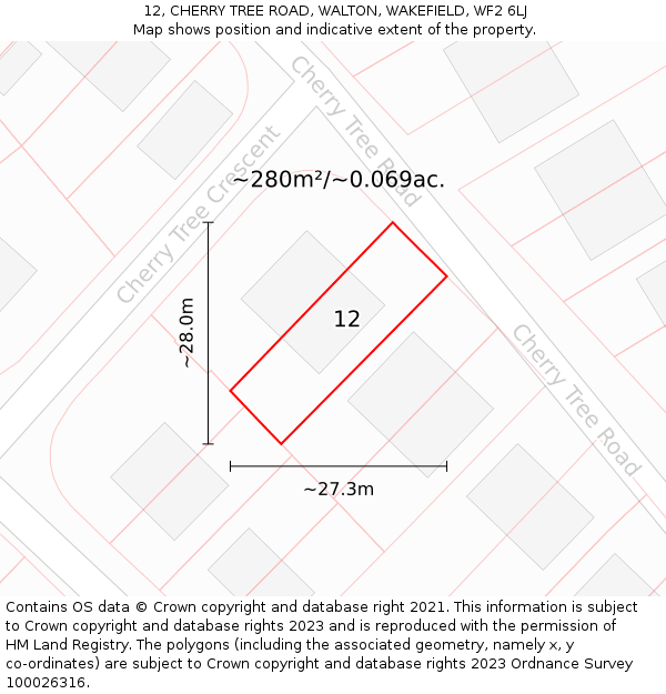 12, CHERRY TREE ROAD, WALTON, WAKEFIELD, WF2 6LJ: Plot and title map