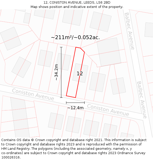 12, CONISTON AVENUE, LEEDS, LS6 2BD: Plot and title map