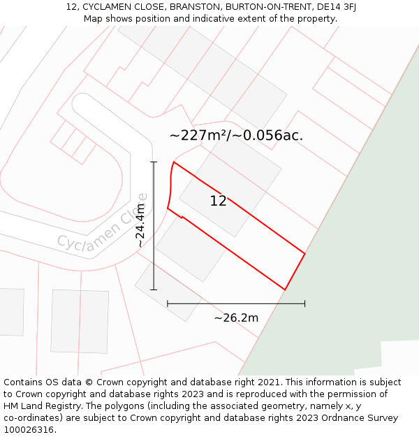 12, CYCLAMEN CLOSE, BRANSTON, BURTON-ON-TRENT, DE14 3FJ: Plot and title map