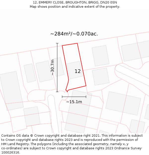 12, EMMERY CLOSE, BROUGHTON, BRIGG, DN20 0SN: Plot and title map