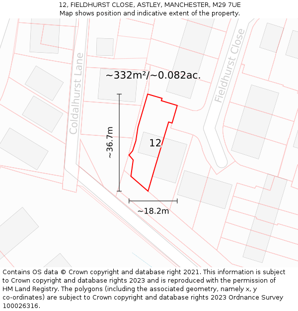 12, FIELDHURST CLOSE, ASTLEY, MANCHESTER, M29 7UE: Plot and title map
