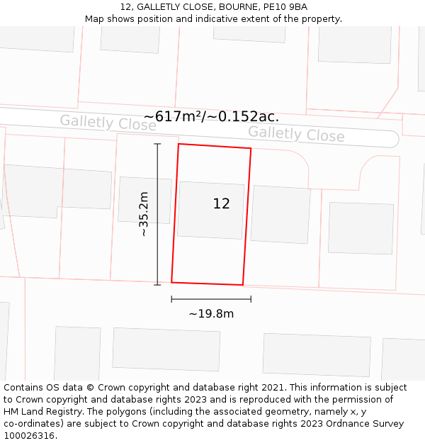 12, GALLETLY CLOSE, BOURNE, PE10 9BA: Plot and title map