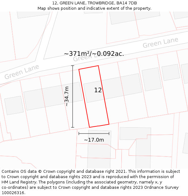 12, GREEN LANE, TROWBRIDGE, BA14 7DB: Plot and title map