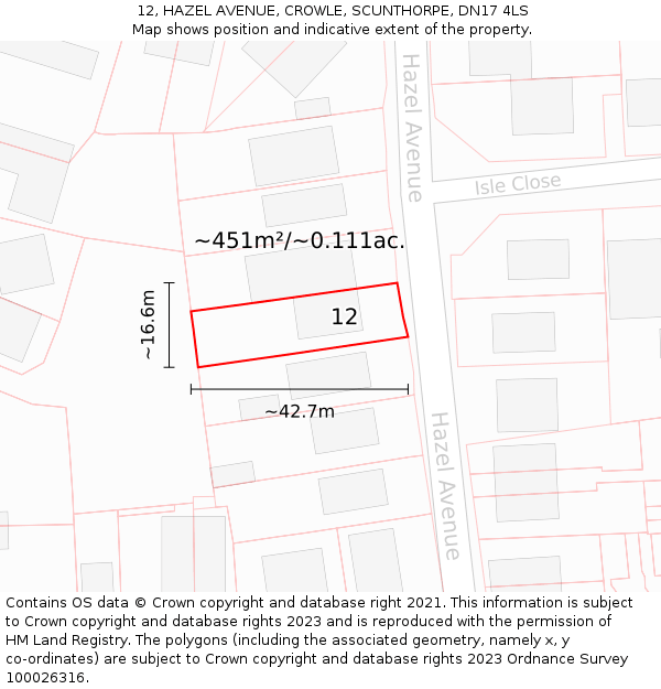 12, HAZEL AVENUE, CROWLE, SCUNTHORPE, DN17 4LS: Plot and title map