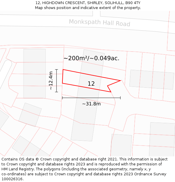 12, HIGHDOWN CRESCENT, SHIRLEY, SOLIHULL, B90 4TY: Plot and title map