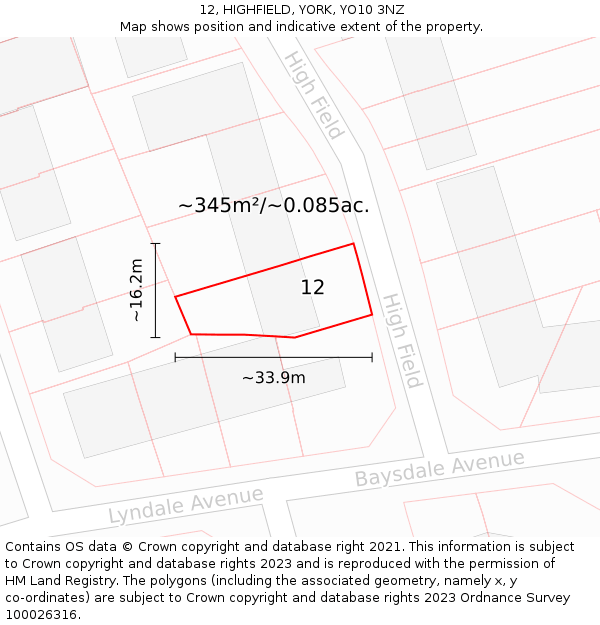 12, HIGHFIELD, YORK, YO10 3NZ: Plot and title map