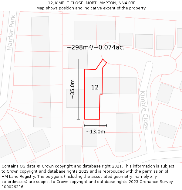 12, KIMBLE CLOSE, NORTHAMPTON, NN4 0RF: Plot and title map