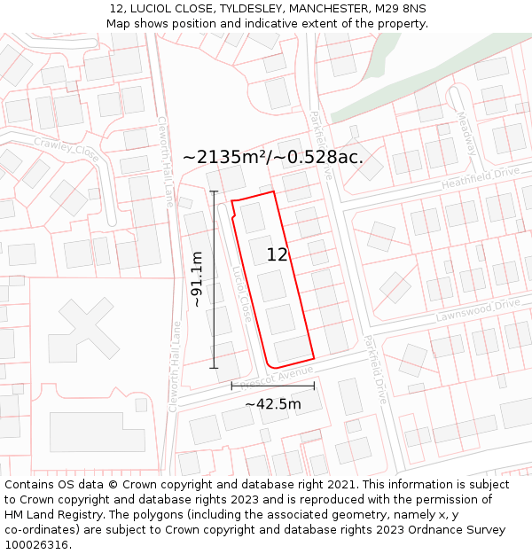 12, LUCIOL CLOSE, TYLDESLEY, MANCHESTER, M29 8NS: Plot and title map