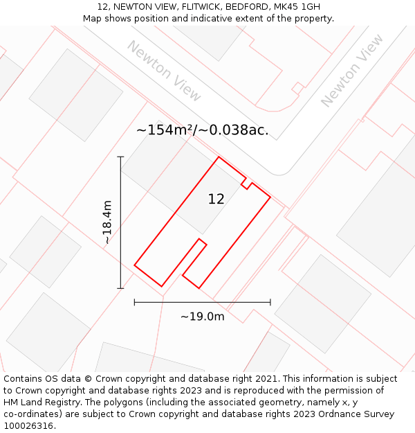 12, NEWTON VIEW, FLITWICK, BEDFORD, MK45 1GH: Plot and title map
