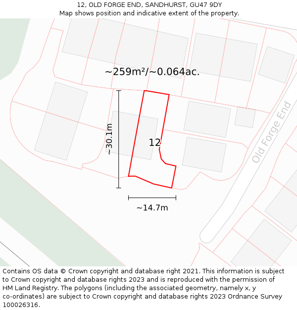 12, OLD FORGE END, SANDHURST, GU47 9DY: Plot and title map