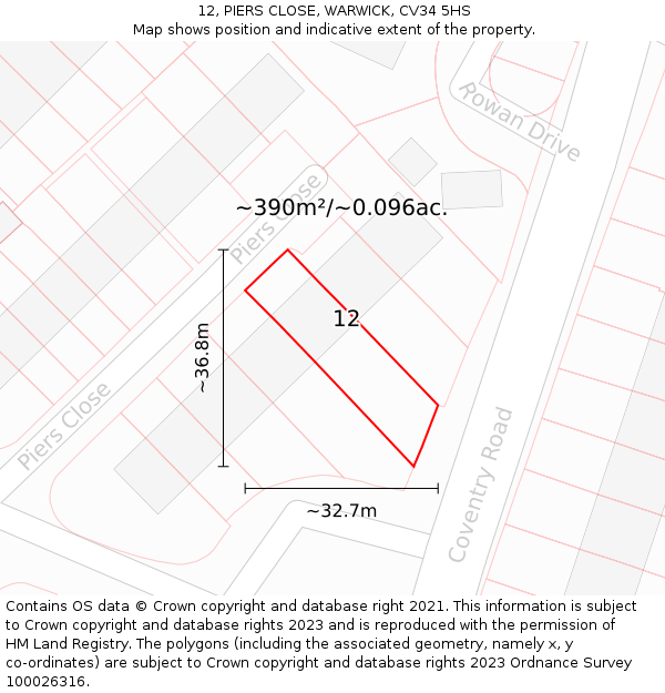 12, PIERS CLOSE, WARWICK, CV34 5HS: Plot and title map