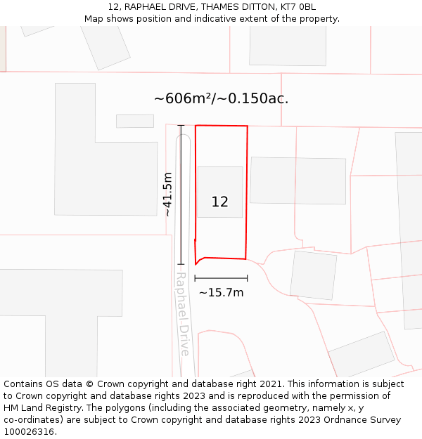 12, RAPHAEL DRIVE, THAMES DITTON, KT7 0BL: Plot and title map