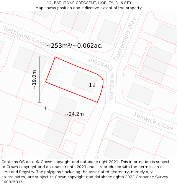 12, RATHBONE CRESCENT, HORLEY, RH6 8TR: Plot and title map