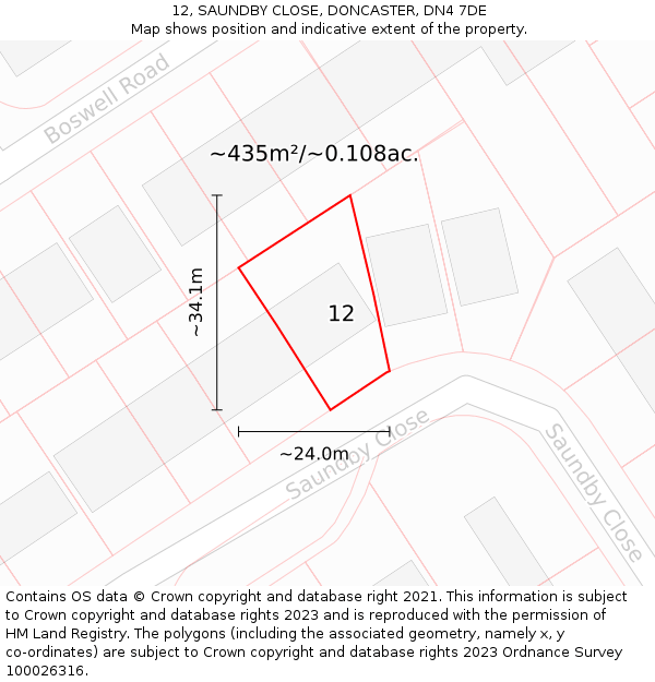 12, SAUNDBY CLOSE, DONCASTER, DN4 7DE: Plot and title map