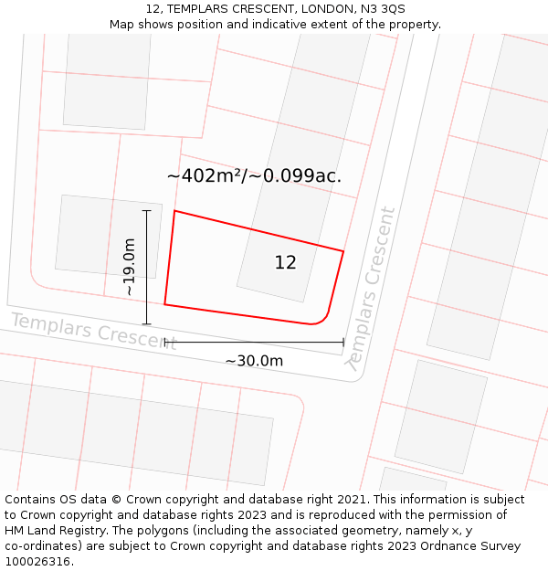 12, TEMPLARS CRESCENT, LONDON, N3 3QS: Plot and title map