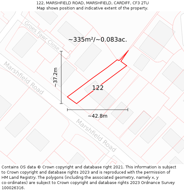 122, MARSHFIELD ROAD, MARSHFIELD, CARDIFF, CF3 2TU: Plot and title map