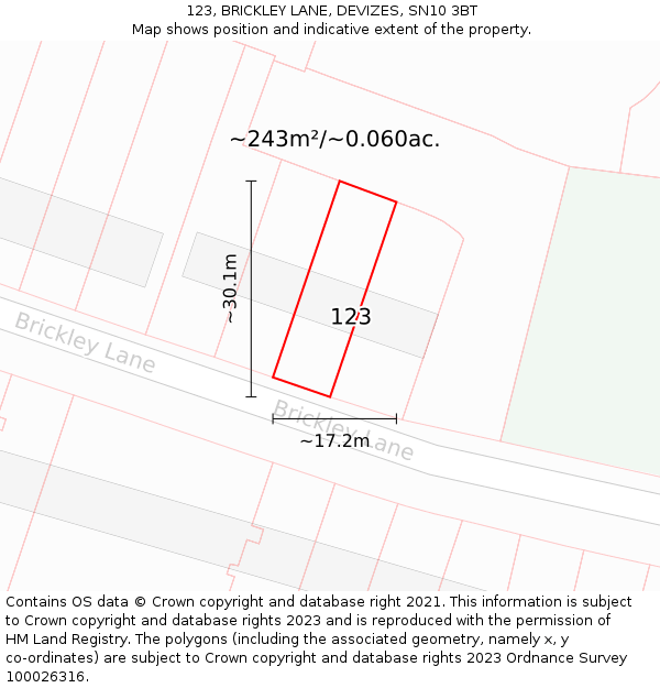 123, BRICKLEY LANE, DEVIZES, SN10 3BT: Plot and title map