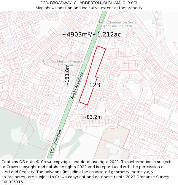 123, BROADWAY, CHADDERTON, OLDHAM, OL9 0EL: Plot and title map