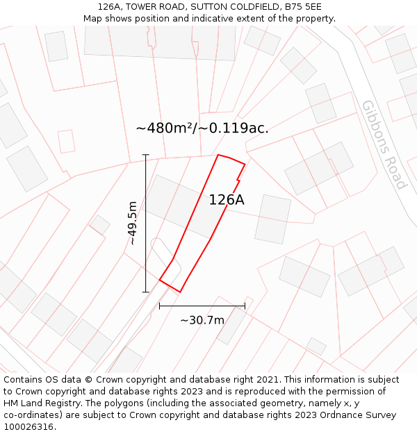 126A, TOWER ROAD, SUTTON COLDFIELD, B75 5EE: Plot and title map