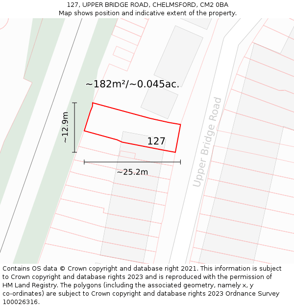 127, UPPER BRIDGE ROAD, CHELMSFORD, CM2 0BA: Plot and title map