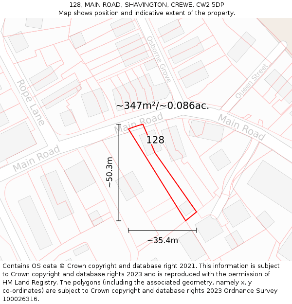 128, MAIN ROAD, SHAVINGTON, CREWE, CW2 5DP: Plot and title map