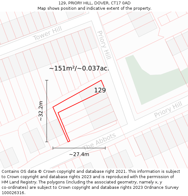 129, PRIORY HILL, DOVER, CT17 0AD: Plot and title map