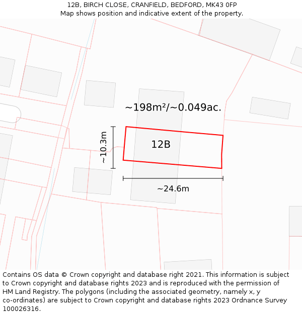 12B, BIRCH CLOSE, CRANFIELD, BEDFORD, MK43 0FP: Plot and title map