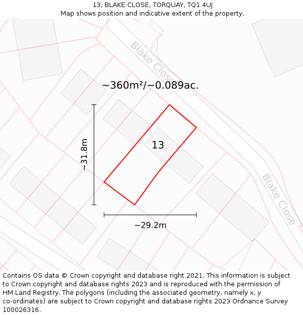 13, BLAKE CLOSE, TORQUAY, TQ1 4UJ: Plot and title map