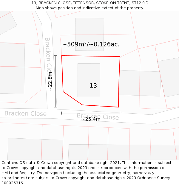 13, BRACKEN CLOSE, TITTENSOR, STOKE-ON-TRENT, ST12 9JD: Plot and title map