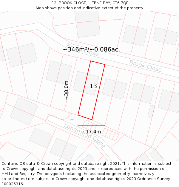 13, BROOK CLOSE, HERNE BAY, CT6 7QF: Plot and title map