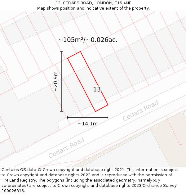 13, CEDARS ROAD, LONDON, E15 4NE: Plot and title map