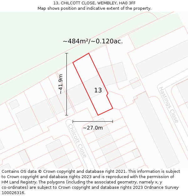13, CHILCOTT CLOSE, WEMBLEY, HA0 3FF: Plot and title map