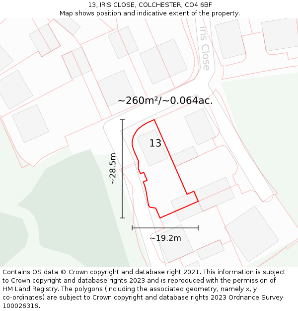13, IRIS CLOSE, COLCHESTER, CO4 6BF: Plot and title map