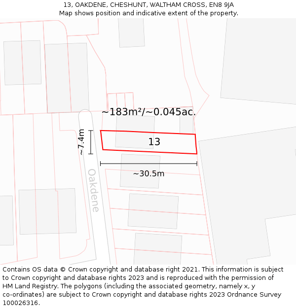 13, OAKDENE, CHESHUNT, WALTHAM CROSS, EN8 9JA: Plot and title map