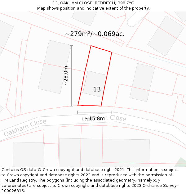 13, OAKHAM CLOSE, REDDITCH, B98 7YG: Plot and title map