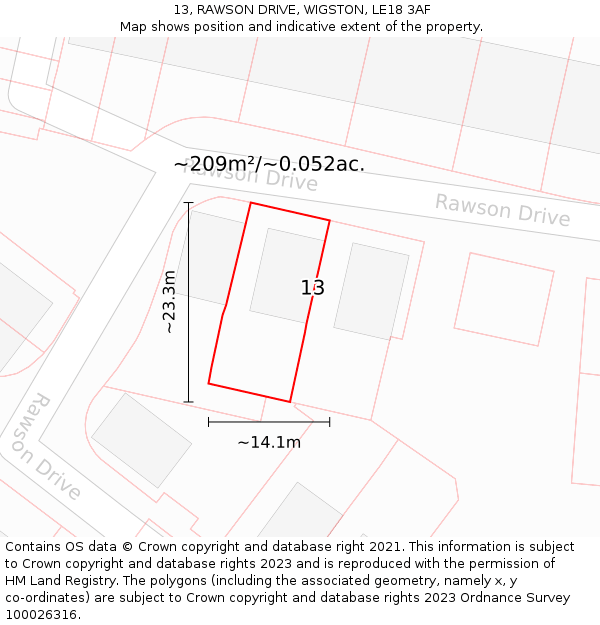 13, RAWSON DRIVE, WIGSTON, LE18 3AF: Plot and title map