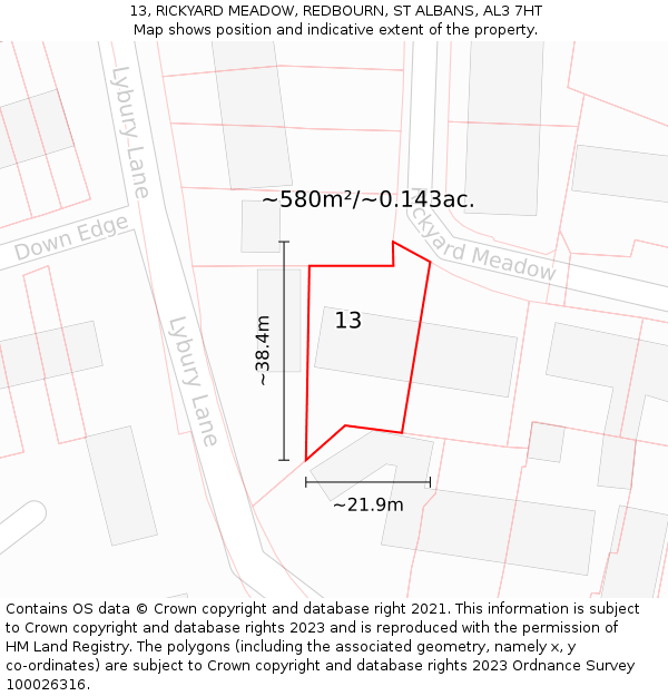 13, RICKYARD MEADOW, REDBOURN, ST ALBANS, AL3 7HT: Plot and title map