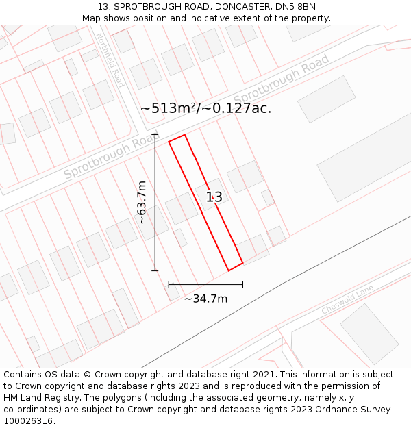 13, SPROTBROUGH ROAD, DONCASTER, DN5 8BN: Plot and title map