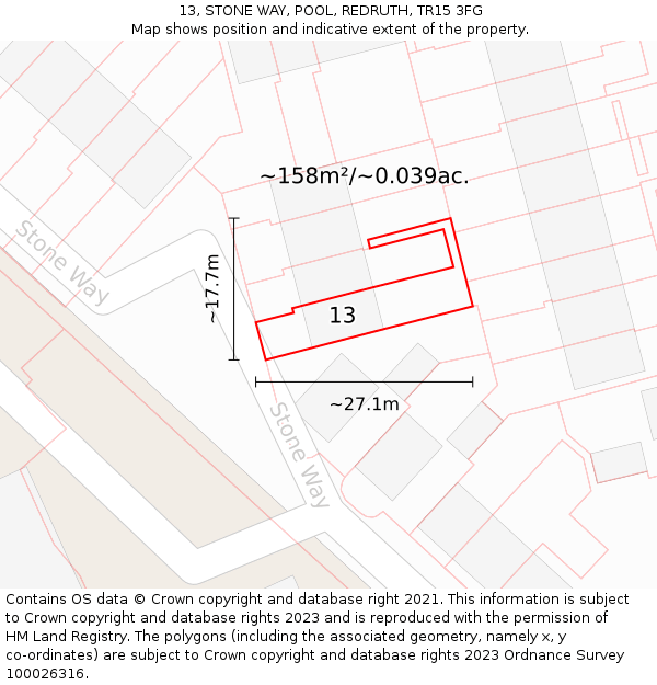 13, STONE WAY, POOL, REDRUTH, TR15 3FG: Plot and title map