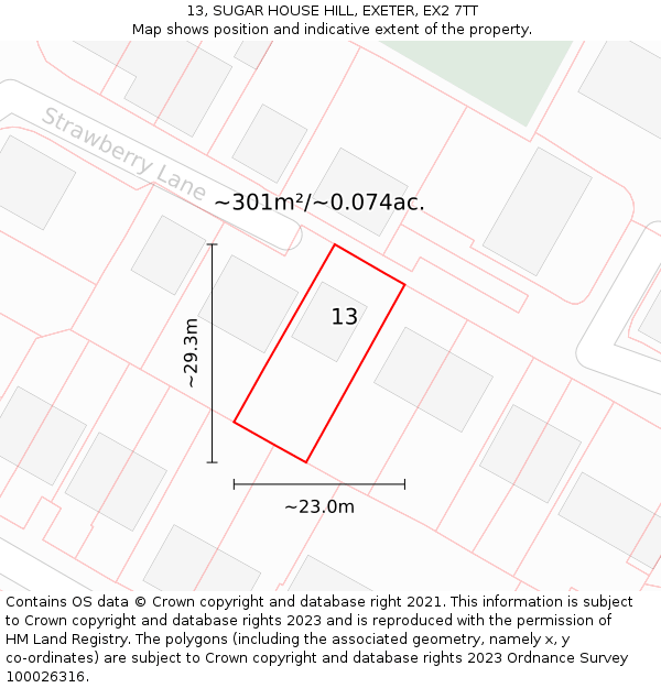 13, SUGAR HOUSE HILL, EXETER, EX2 7TT: Plot and title map